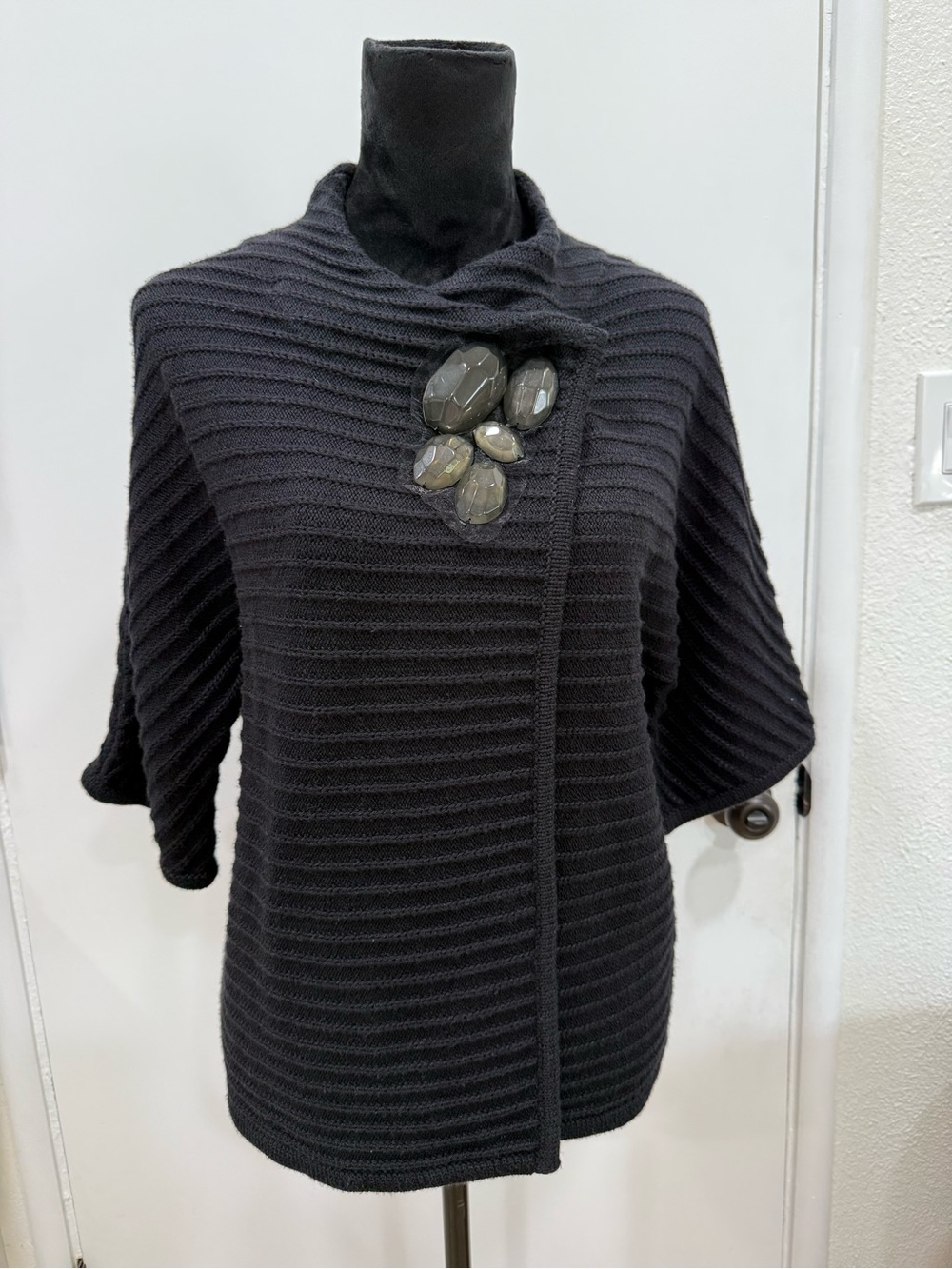 Jones New York Collection Ribbed Knit Sweater Wrap Cardigan Black Medium NWT